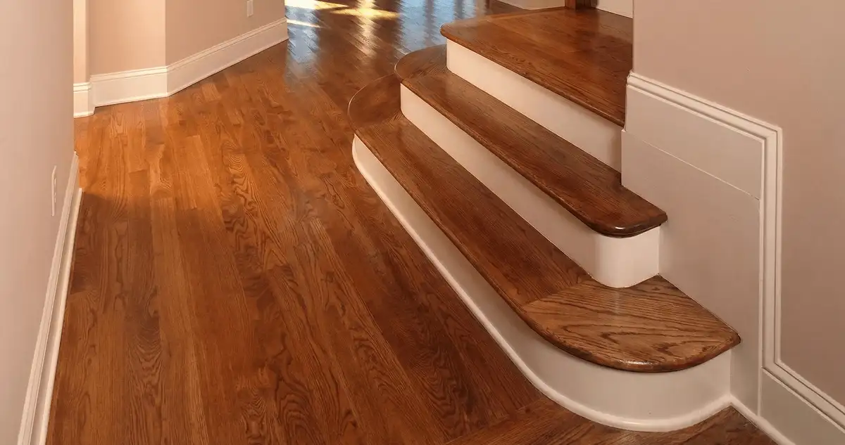 Base floor of a staircase with professionally restored wood flooring in Columbia SC