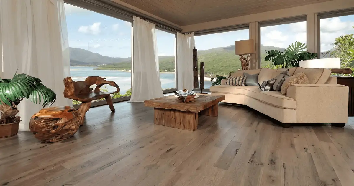 Professionally installed vinyl flooring in a modern living room with large windows in Columbia, SC